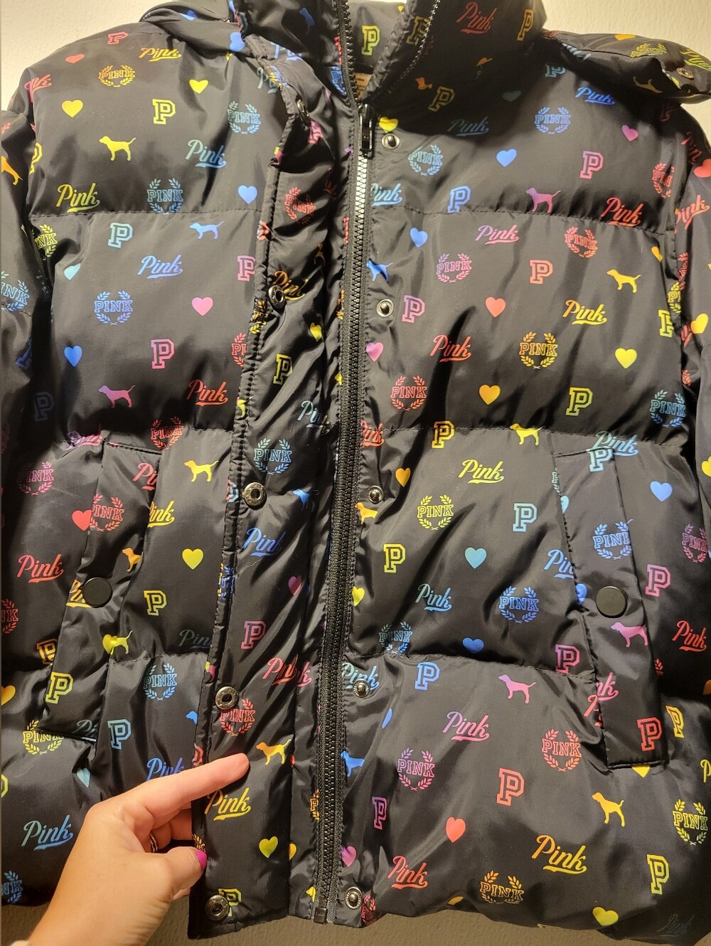 PINK Victoria's Secret Black Puffer Jacket with Multicolor Logo Hearts (RARE) - Picture 7 of 9